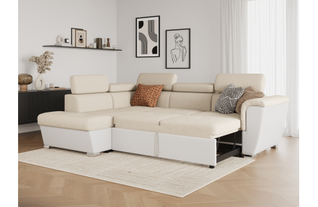 Canapé d'angle PAOLA convertible avec coffre en tissu Easy Clean et simili