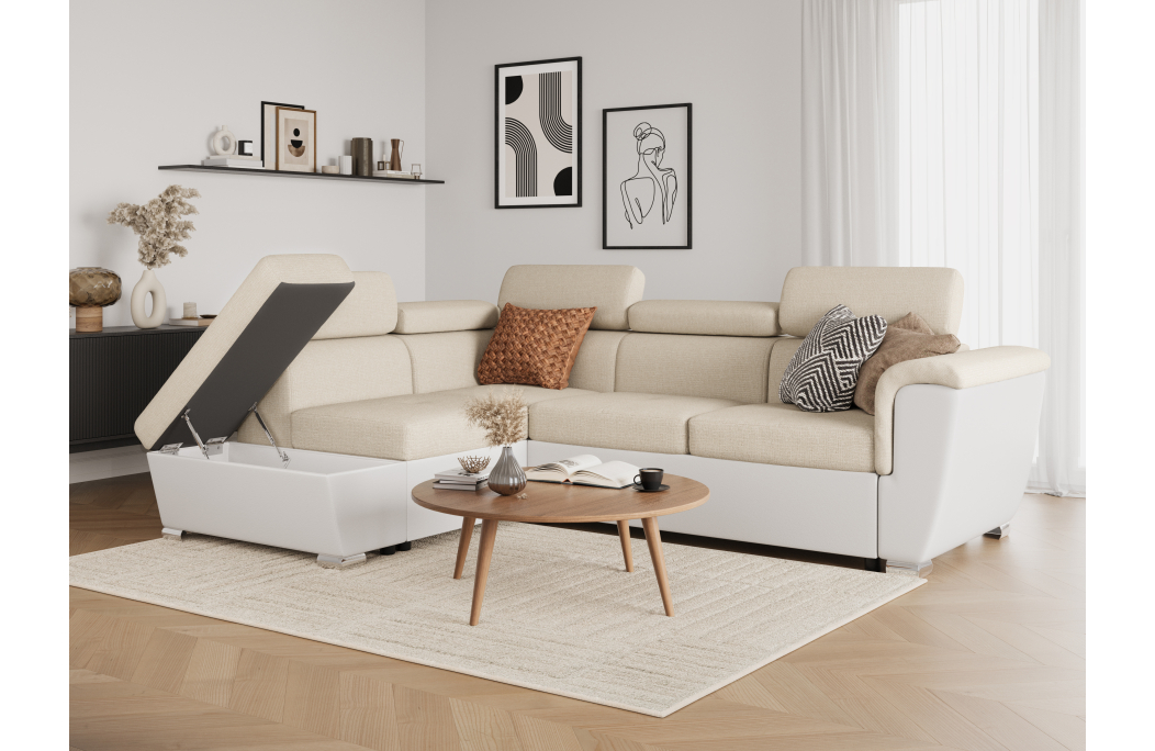 Canapé d'angle PAOLA convertible avec coffre en tissu Easy Clean et simili