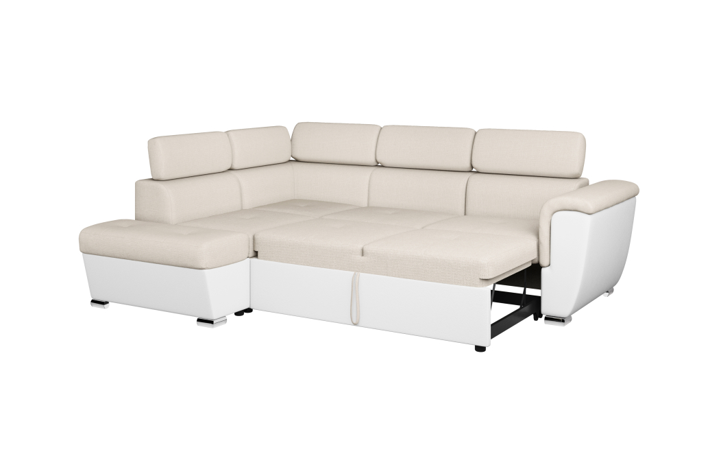 Canapé d'angle PAOLA convertible avec coffre en tissu Easy Clean et simili