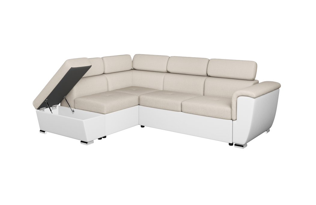 Canapé d'angle PAOLA convertible avec coffre en tissu Easy Clean et simili