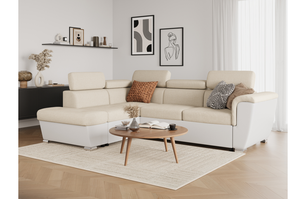 Canapé d'angle PAOLA convertible avec coffre en tissu Easy Clean et simili