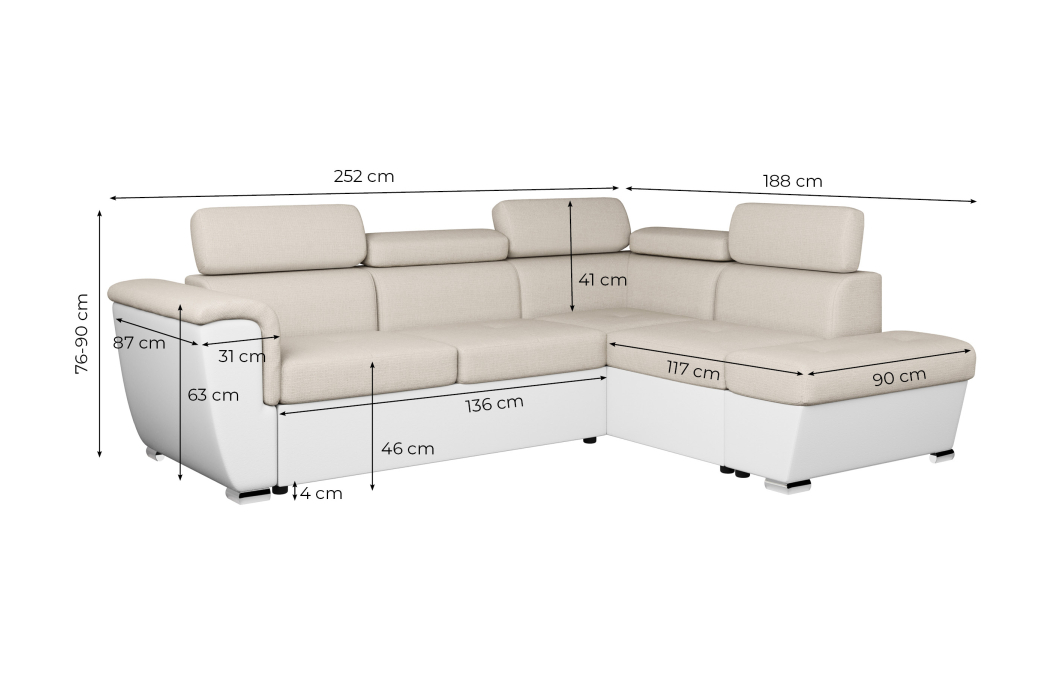 Canapé d'angle PAOLA convertible avec coffre en tissu Easy Clean et simili