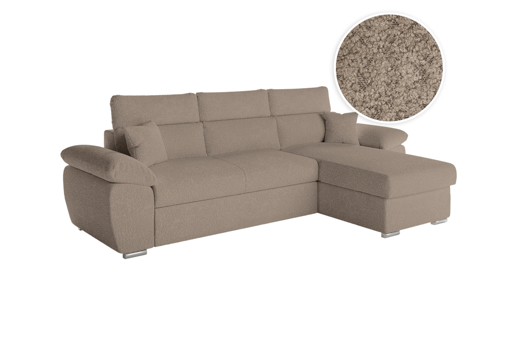 Canapé KOMECO d'angle réversible convertible avec coffre et têtières réglables en tissu bouclette