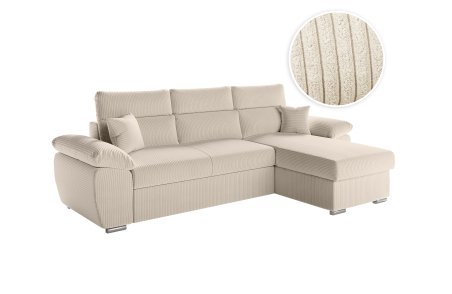 Canapé KOMECO d'angle réversible convertible avec coffre et têtières réglables en velours côtelé