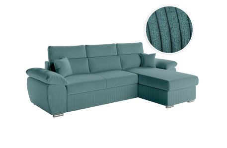 Canapé KOMECO d'angle reversible convertible avec coffre et têtières réglables en velours côtelé