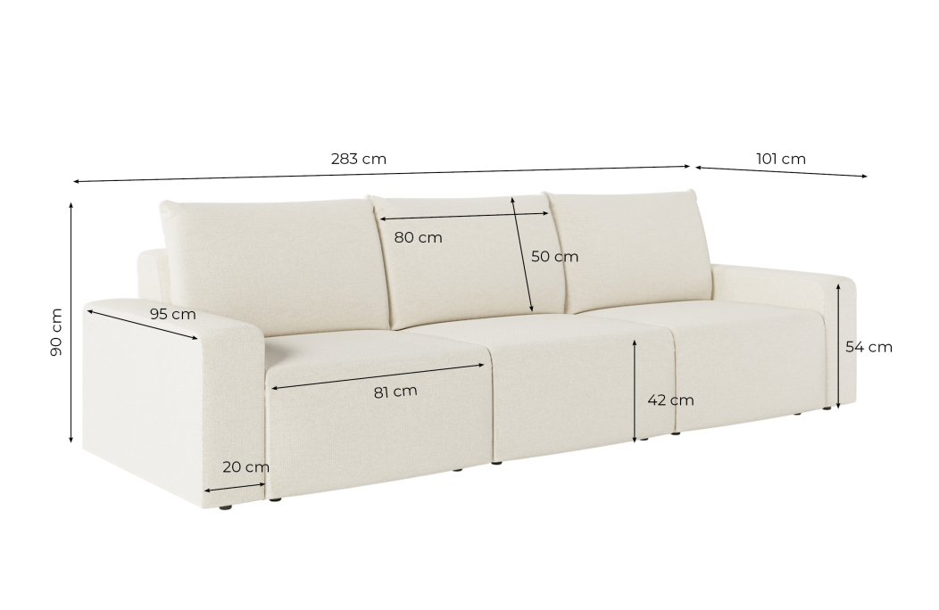 Canapé droit fixe 3 places ROMANE en tissu Easy Clean antitache