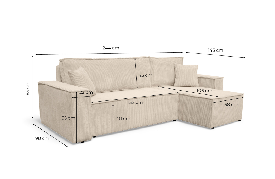 Canapé FARAH d'angle convertible et réversible 4 places en velours côtelé