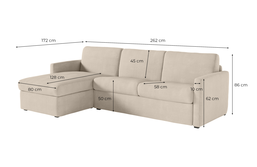 Canapé d'angle convertible express 4 places AGATHE couchage quotidien en velours côtelé