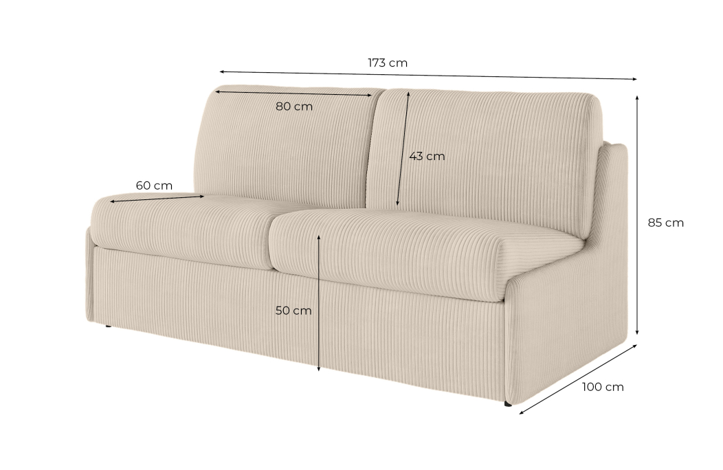 Canapé convertible express 3 places AGATHE couchage quotidien sans accoudoirs en velours côtelé