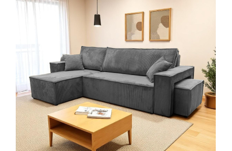 Canapé d'angle FARAH réversible et convertible avec un pouf en velours côtelé