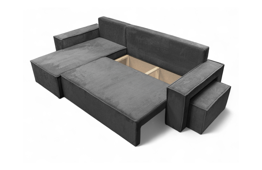 Canapé d'angle FARAH réversible et convertible avec un pouf en velours côtelé