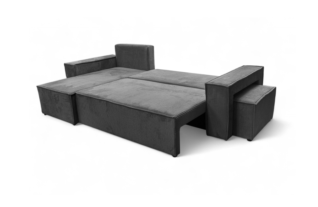 Canapé d'angle FARAH réversible et convertible avec un pouf en velours côtelé