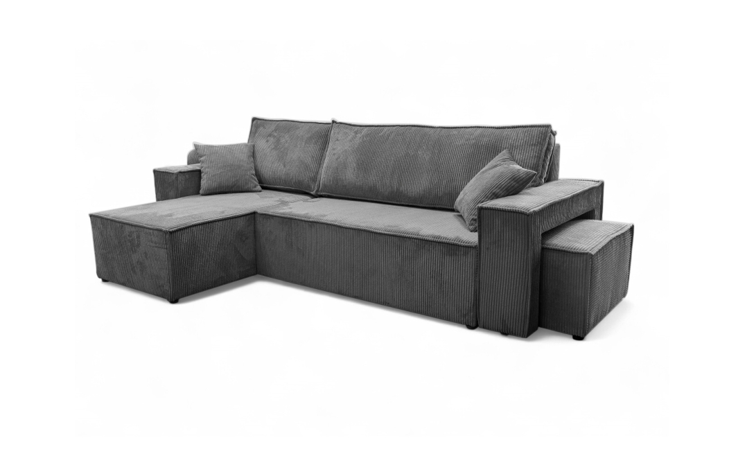 Canapé d'angle FARAH réversible et convertible avec un pouf en velours côtelé