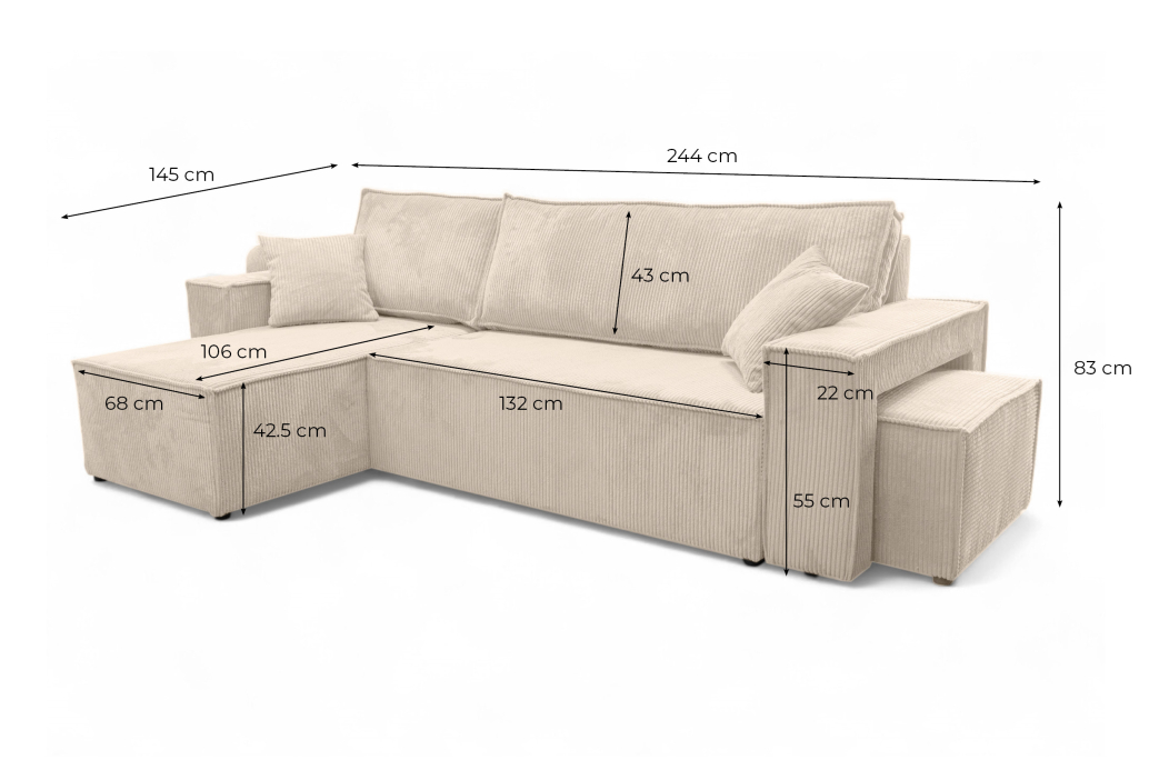 Canapé d'angle FARAH réversible et convertible avec un pouf en velours côtelé