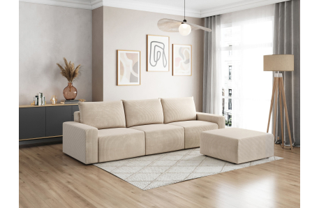 PACK - Canapé droit fixe 3 places ROMANE avec pouf en velours côtelé