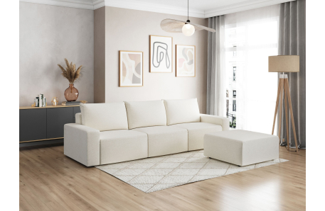 PACK - Canapé droit fixe 3 places ROMANE avec pouf en tissu Easy Clean antitache