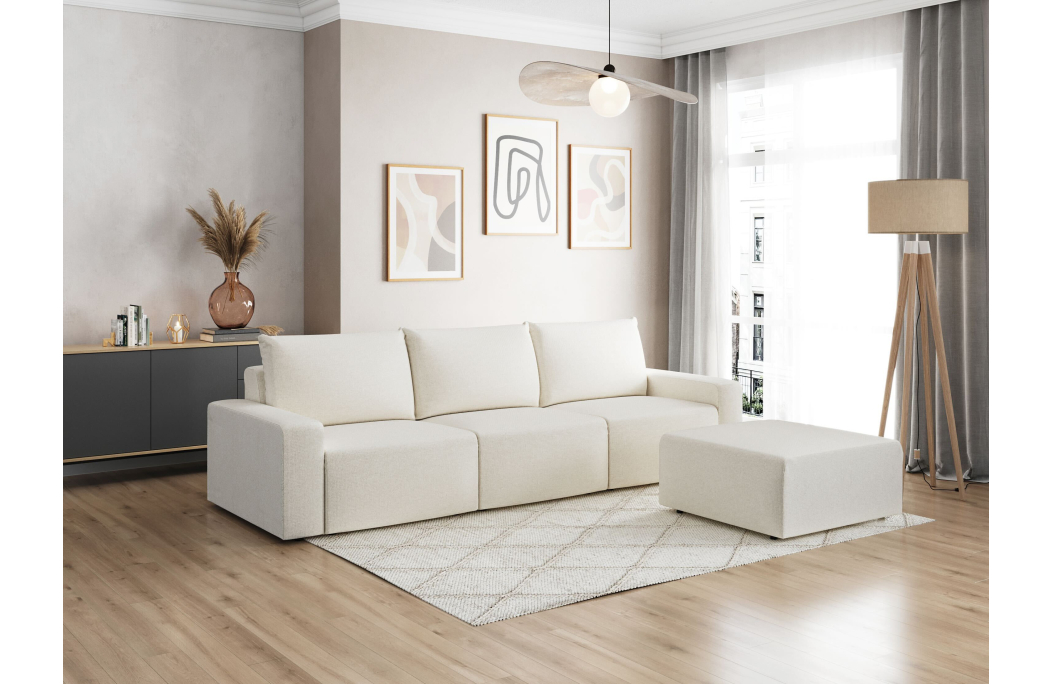 PACK - Canapé droit fixe 3 places ROMANE avec pouf en tissu Easy Clean antitache