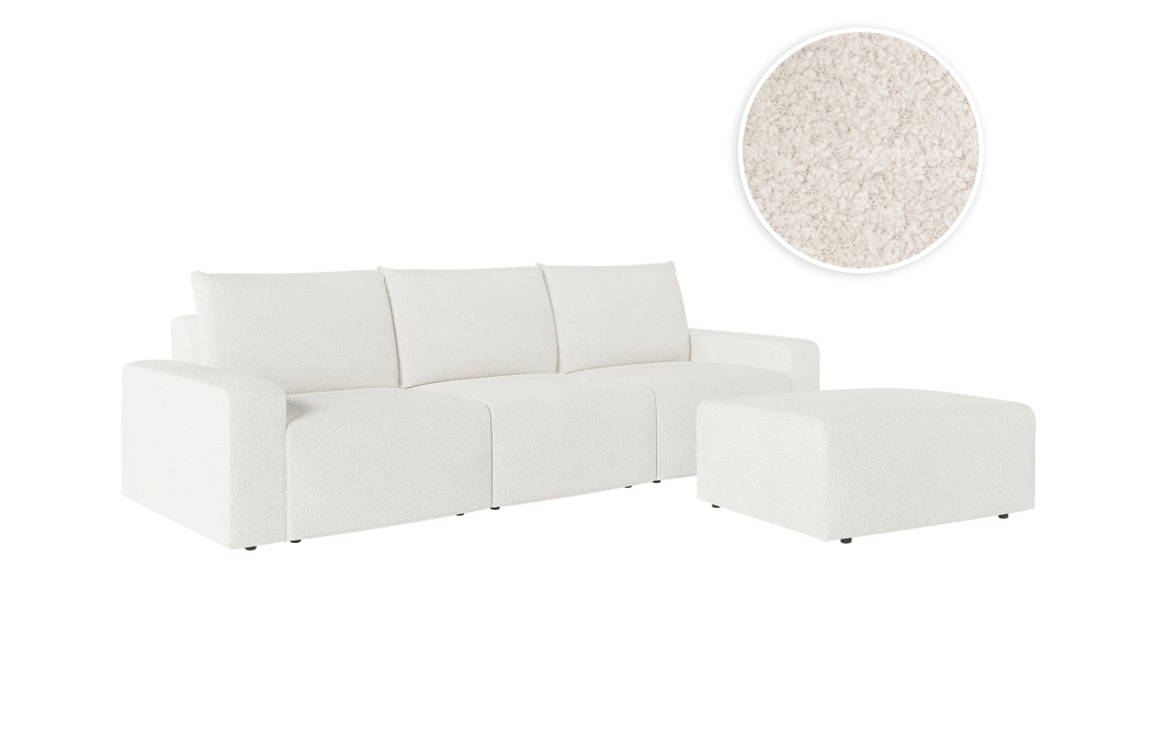 PACK - Canapé droit fixe 3 places ROMANE avec pouf en tissu bouclette
