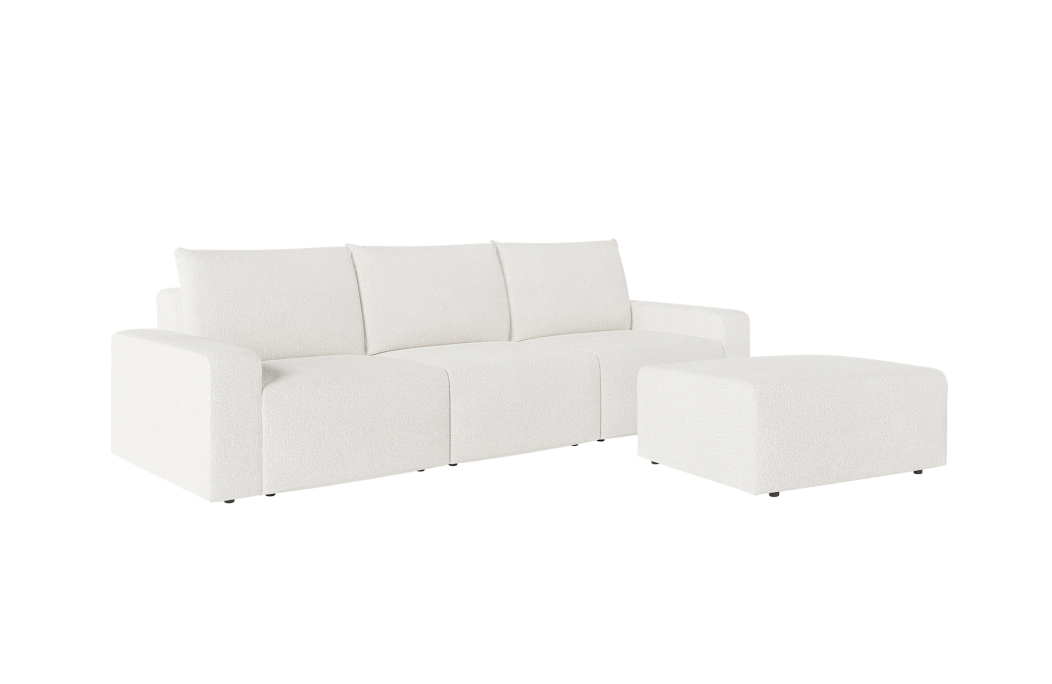 PACK - Canapé droit fixe 3 places ROMANE avec pouf en tissu bouclette