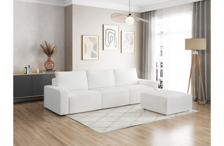 PACK - Canapé droit fixe 3 places ROMANE avec pouf en tissu bouclette