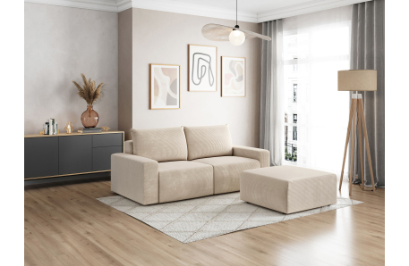 PACK - Canapé droit fixe 2 places ROMANE avec pouf en velours côtelé