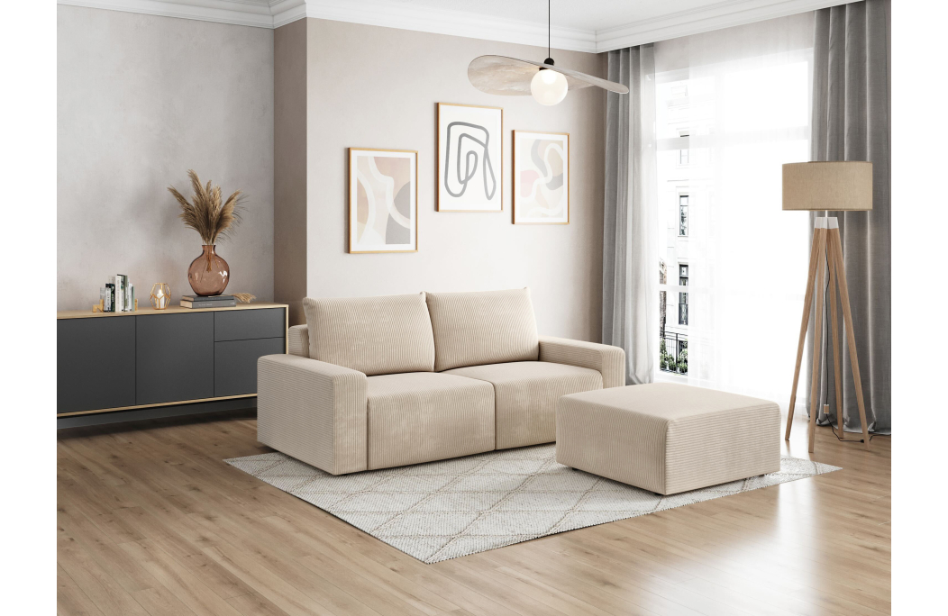 PACK - Canapé droit fixe 2 places ROMANE avec pouf en velours côtelé