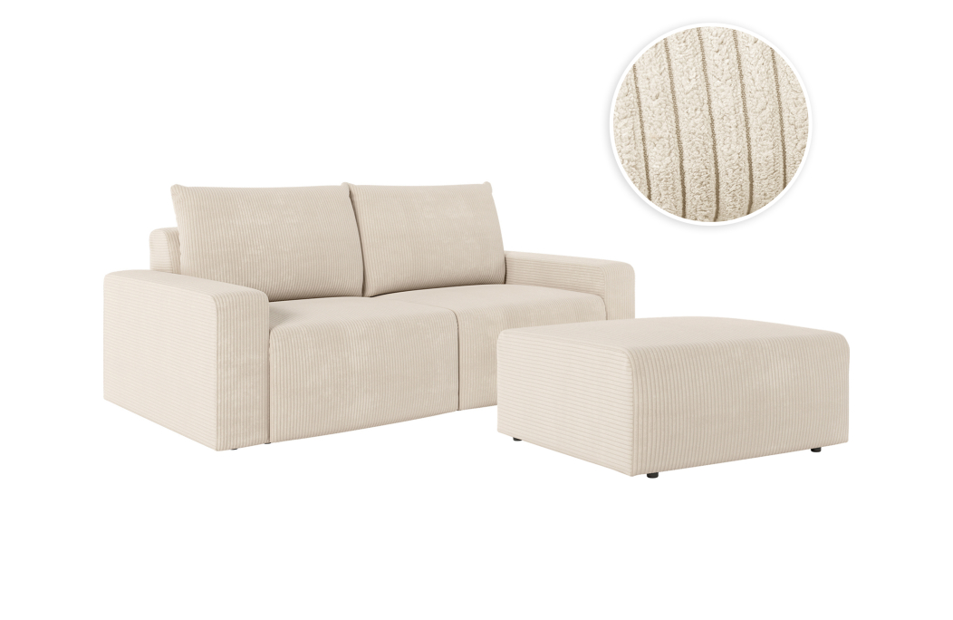 PACK - Canapé droit fixe 2 places ROMANE avec pouf en velours côtelé