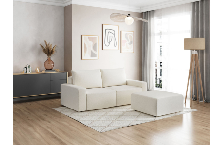 PACK - Canapé droit fixe 2 places ROMANE avec pouf en tissu Easy Clean antitache