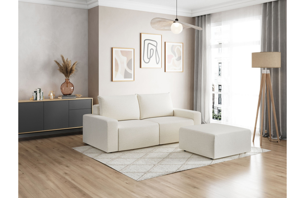 PACK - Canapé droit fixe 2 places ROMANE avec pouf en tissu Easy Clean antitache