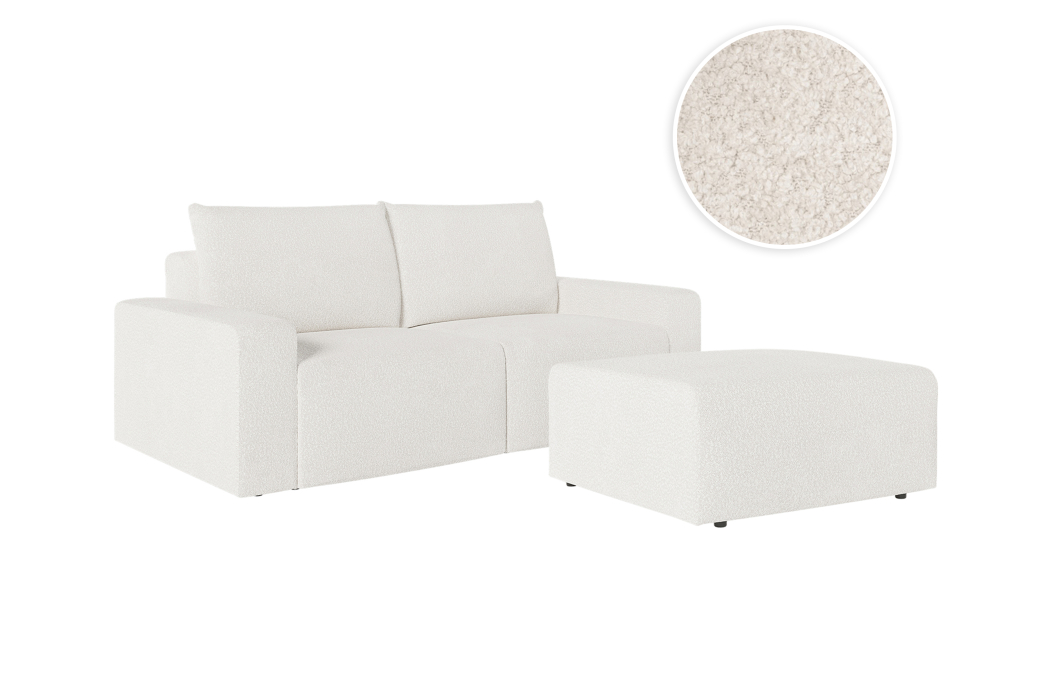 PACK - Canapé droit fixe 2 places ROMANE avec pouf en tissu bouclette