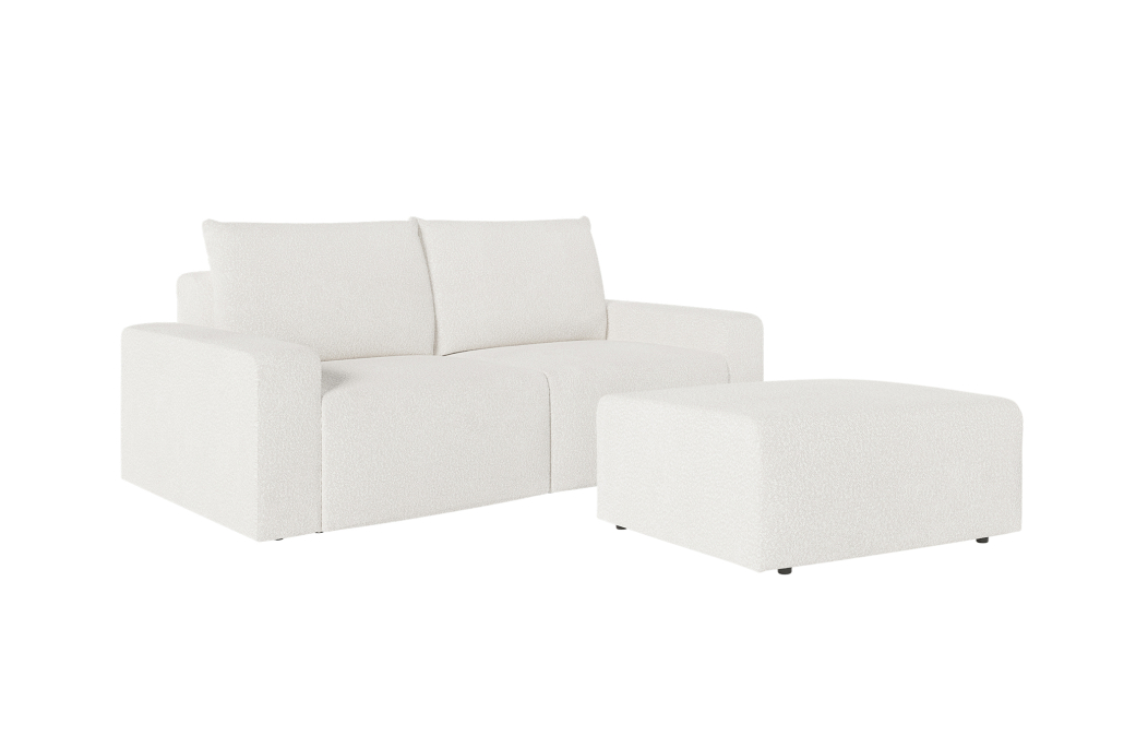 PACK - Canapé droit fixe 2 places ROMANE avec pouf en tissu bouclette