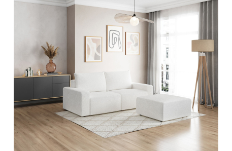 PACK - Canapé droit fixe 2 places ROMANE avec pouf en tissu bouclette