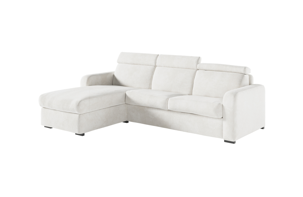 Canapé CAROLE d'angle convertible 4 places système couchage express avec têtières réglables en tissu bouclette