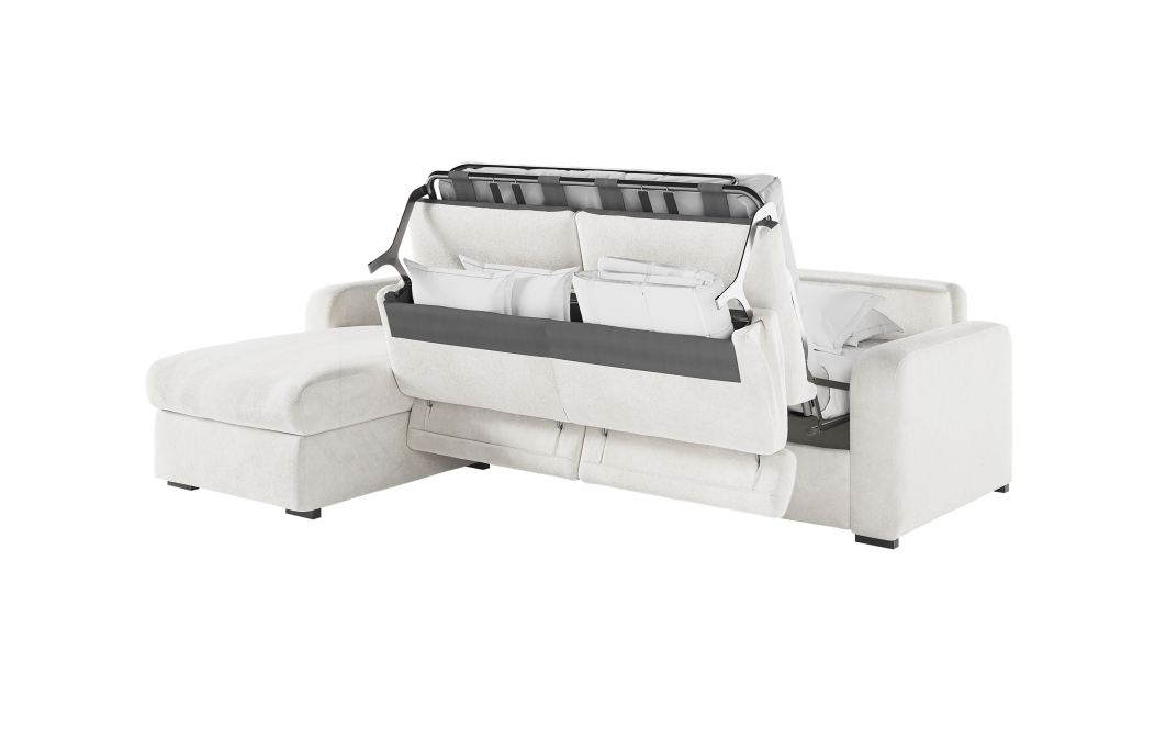 Canapé CAROLE d'angle convertible 4 places système couchage express avec têtières réglables en tissu bouclette