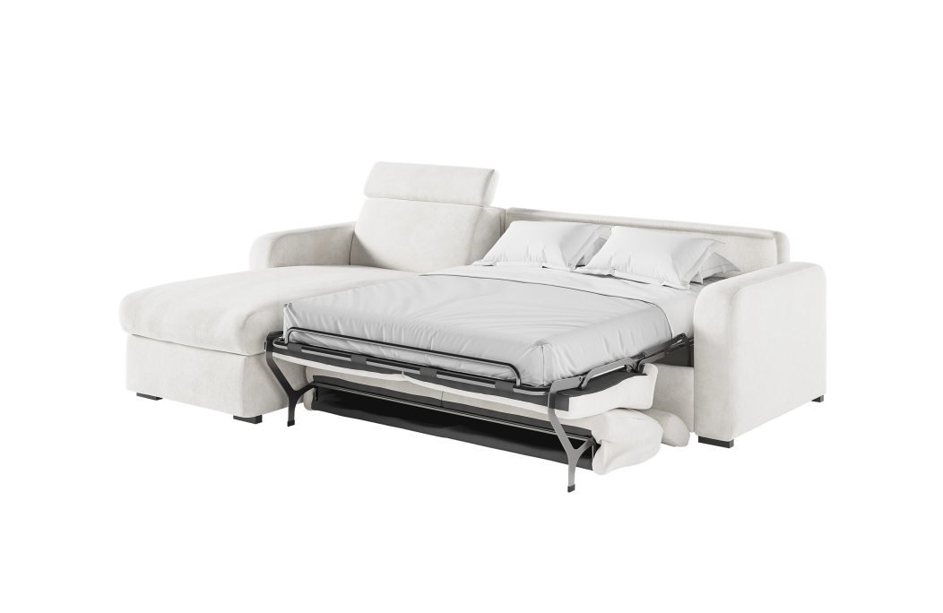 Canapé CAROLE d'angle convertible 4 places système couchage express avec têtières réglables en tissu bouclette