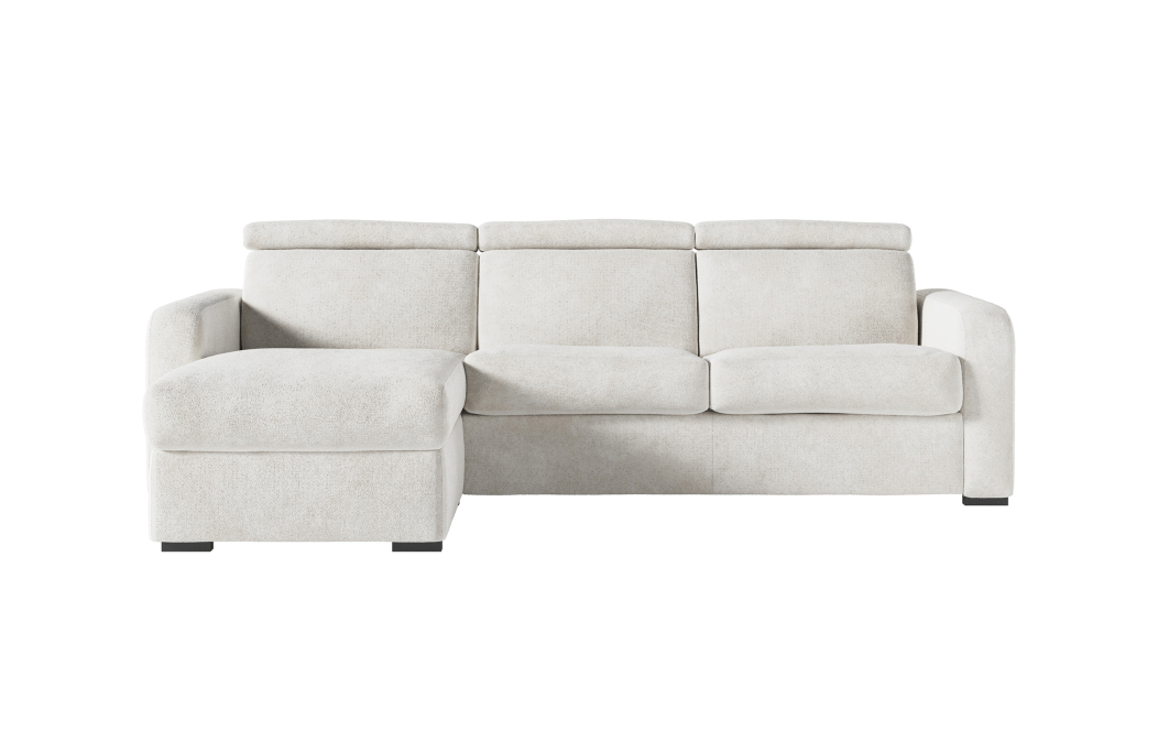 Canapé CAROLE d'angle convertible 4 places système couchage express avec têtières réglables en tissu bouclette