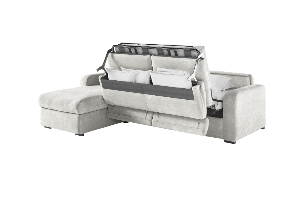 Canapé CAROLE d'angle convertible 4 places système couchage express avec têtières réglables en tissu chenille