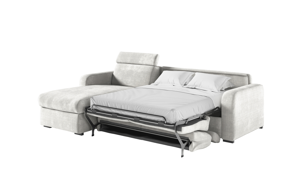 Canapé CAROLE d'angle convertible 4 places système couchage express avec têtières réglables en tissu chenille