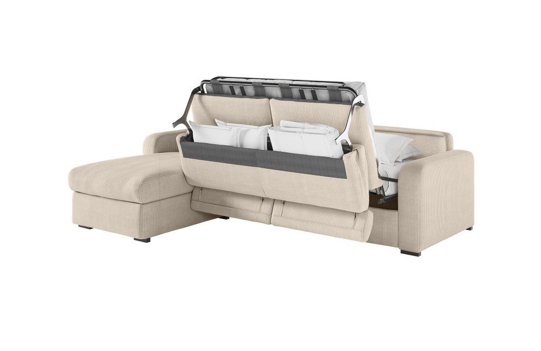 Canapé CAROLE d'angle convertible 4 places système couchage express avec têtières réglables en velours côtelé