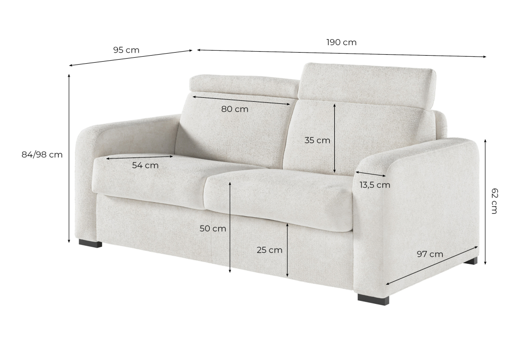 Canapé CAROLE convertible 3 places système couchage express avec têtières réglables en tissu bouclette