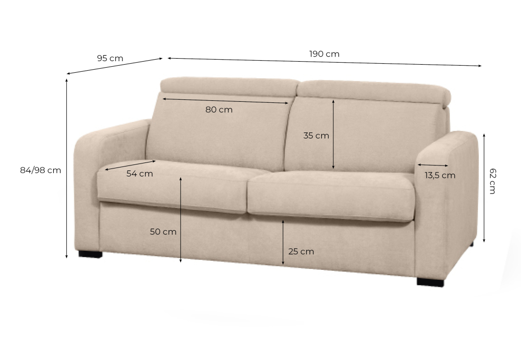 Canapé CAROLE convertible 3 places système couchage express avec têtières réglables en tissu