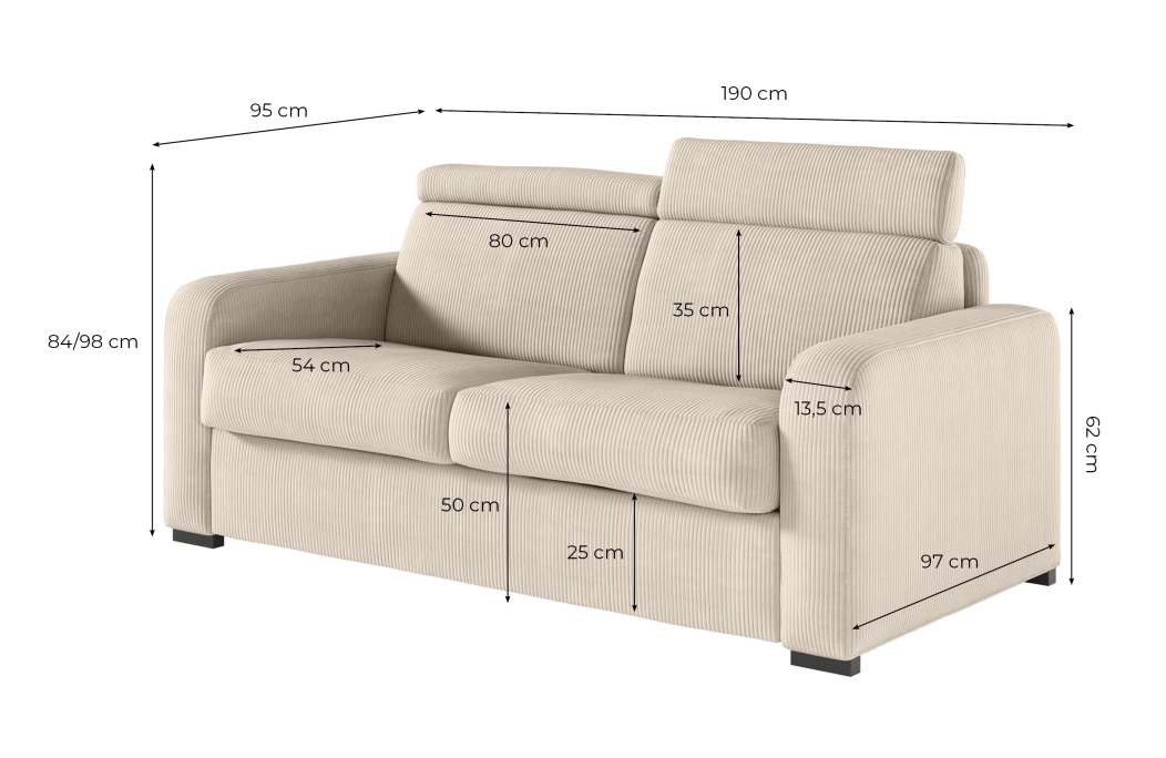 Canapé CAROLE convertible 3 places système couchage express avec têtières réglables en velours côtelé