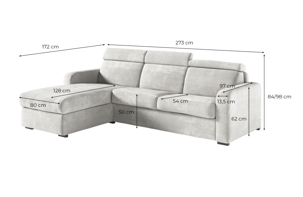 Canapé CAROLE d'angle convertible 4 places système couchage express avec têtières réglables en tissu chenille