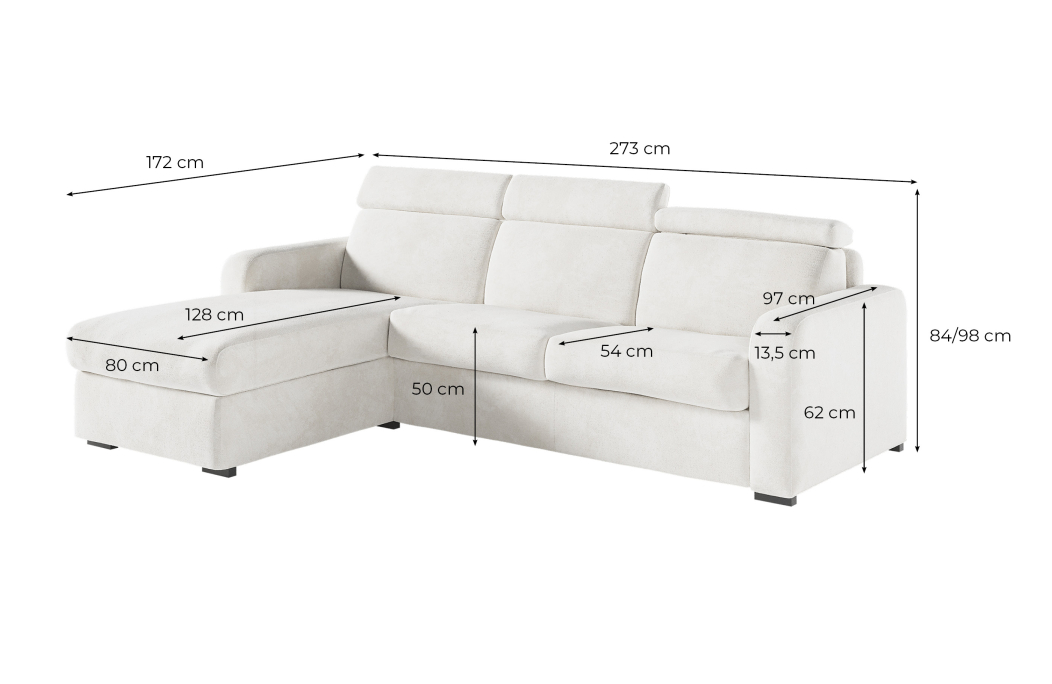 Canapé CAROLE d'angle convertible 4 places système couchage express avec têtières réglables en tissu bouclette