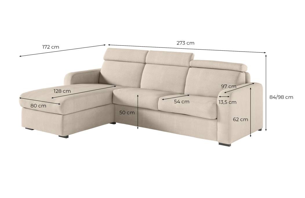 Canapé CAROLE d'angle convertible 4 places système couchage express avec têtières réglables en velours côtelé