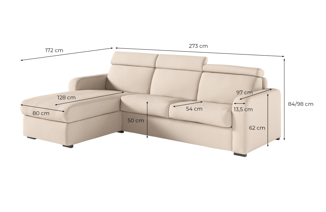 Canapé CAROLE d'angle convertible 4 places système couchage express avec têtières réglables en tissu