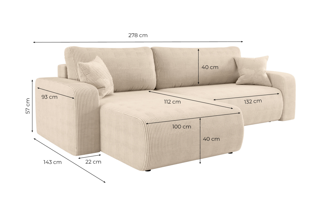 Canapé ALYA d'angle max réversible et convertible 5 places en velours côtelé