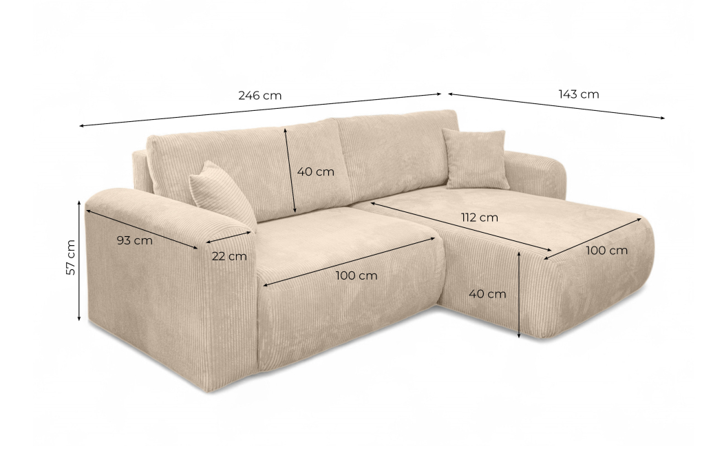 Canapé ALYA d'angle compact réversible et convertible 4 places en velours côtelé