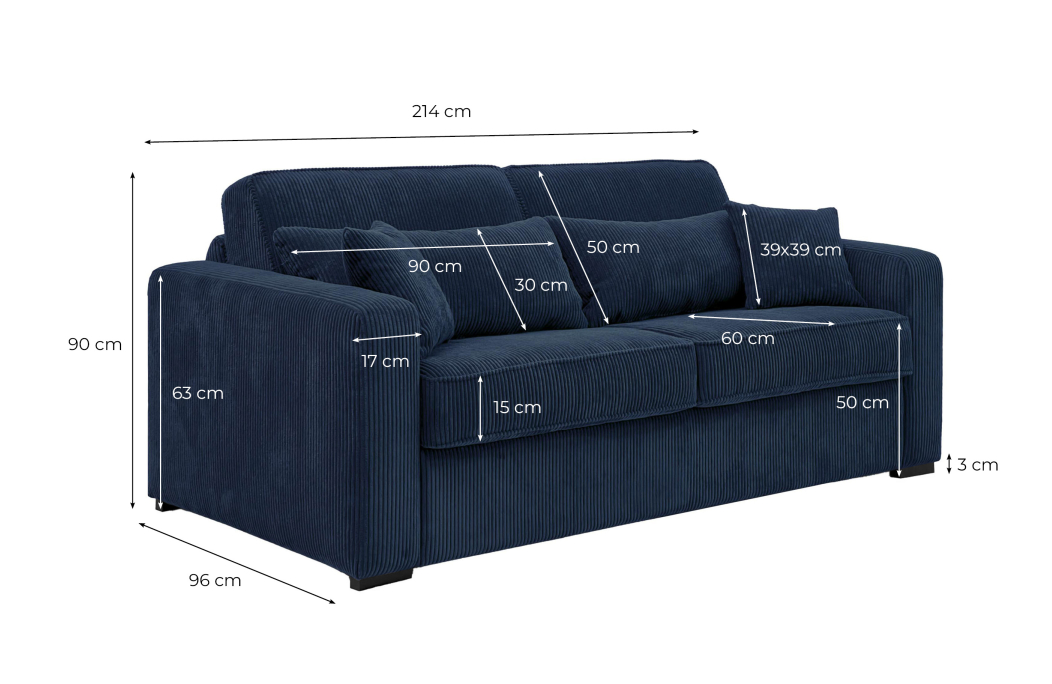 Canapé convertible express 3 places ESIO couchage quotidien en velours côtelé