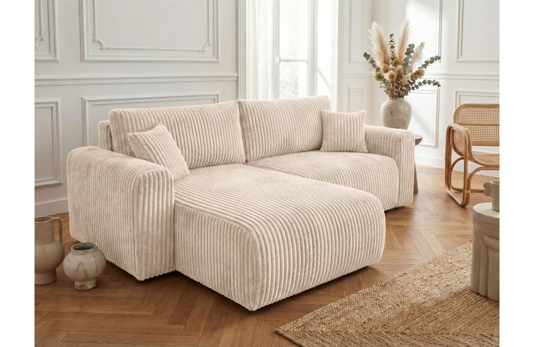 Canapé d'angle compact réversible et convertible ALYA 4 places en velours cotelé épais